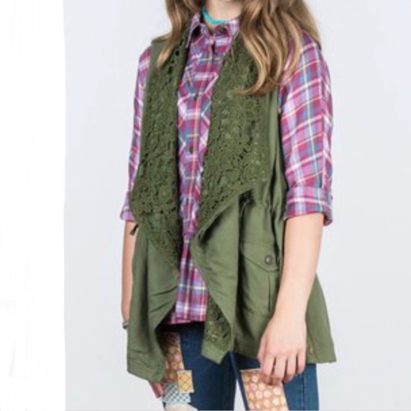Matilda Jane 435 That’s The Ticket Olive Lace Open Front Cargo Vest Girl’s Sz 12 - Picture 1 of 14